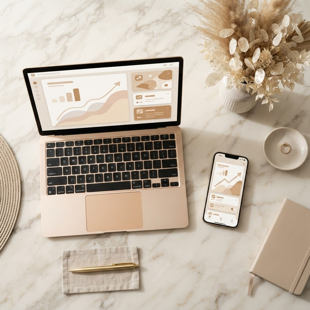 A laptop and phone showing sales growth and incoming payment notifications