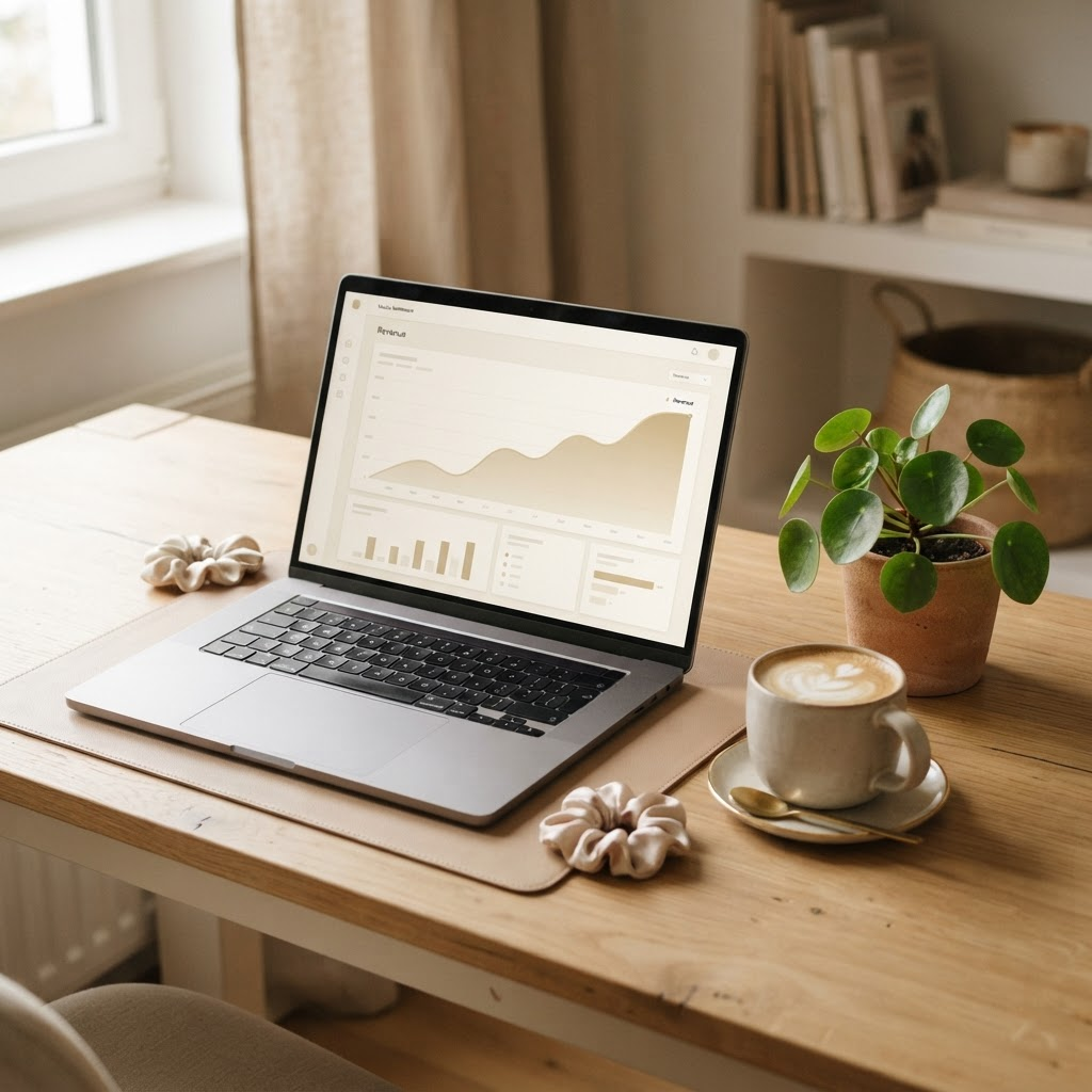A laptop showing a sales dashboard with revenue trending up