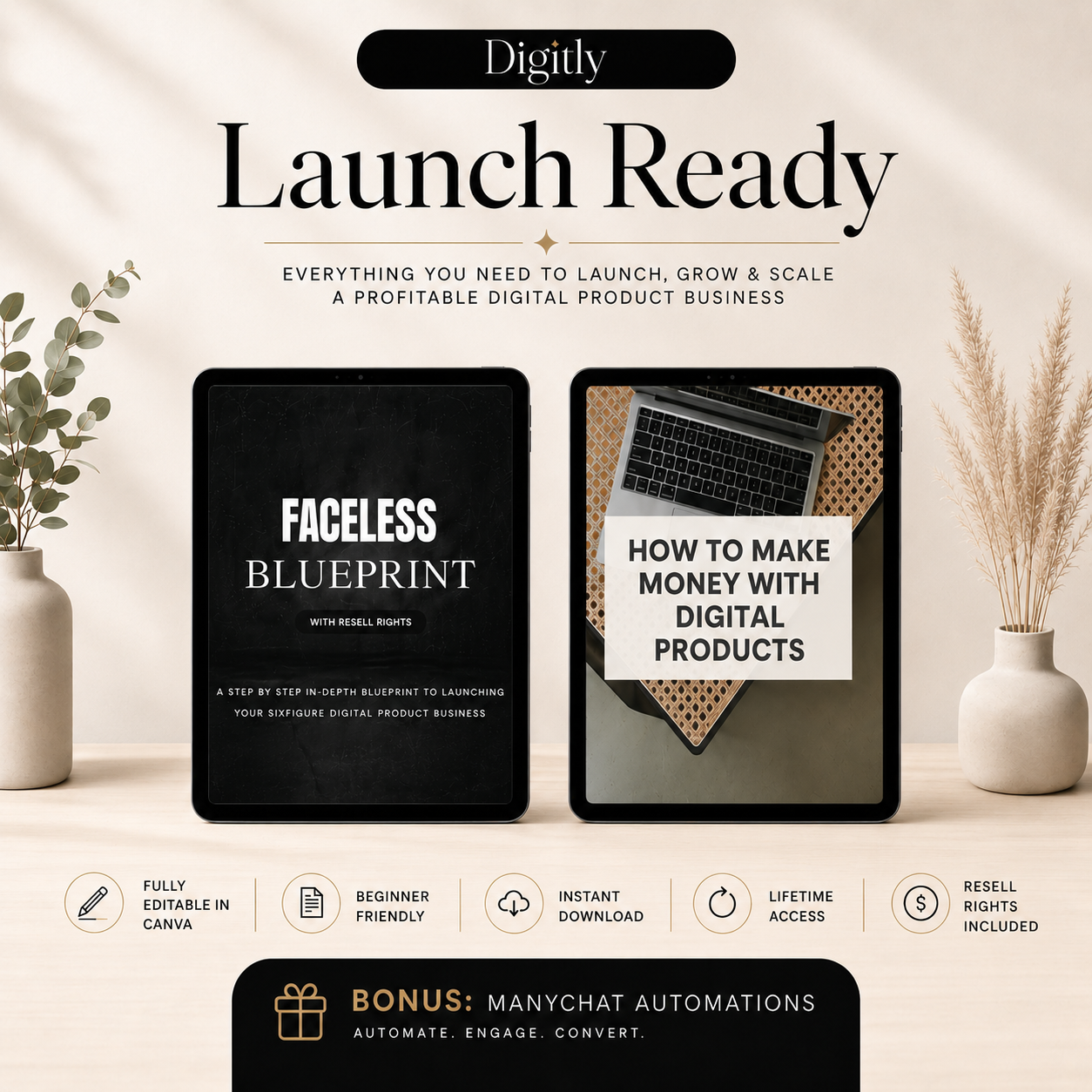 Launch Ready product mockup showing the Faceless Blueprint and digital product ebooks on tablets