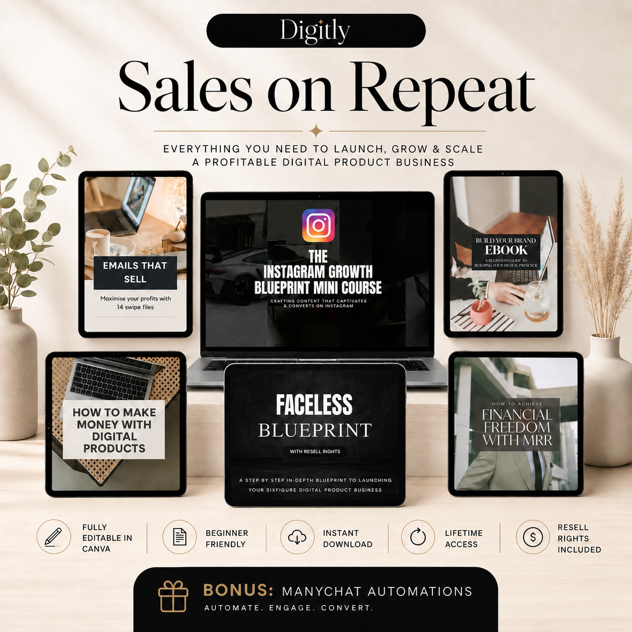 Sales on Repeat product mockup showing the full bundle of ebooks and the Instagram Growth mini course